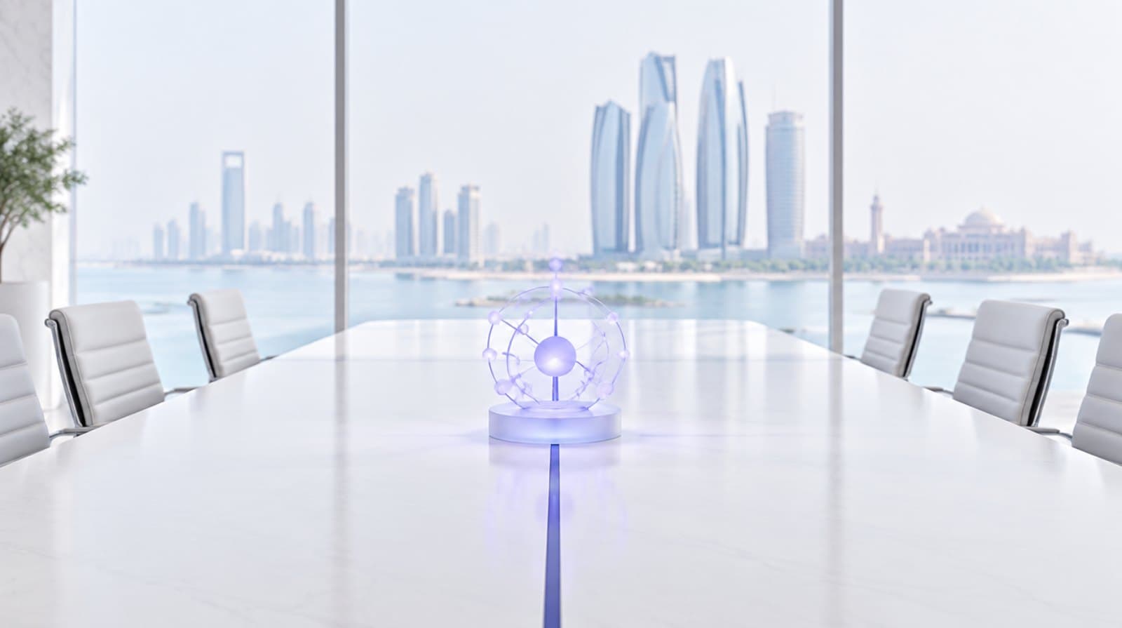 Boardroom with a glowing constellation model and the Abu Dhabi skyline